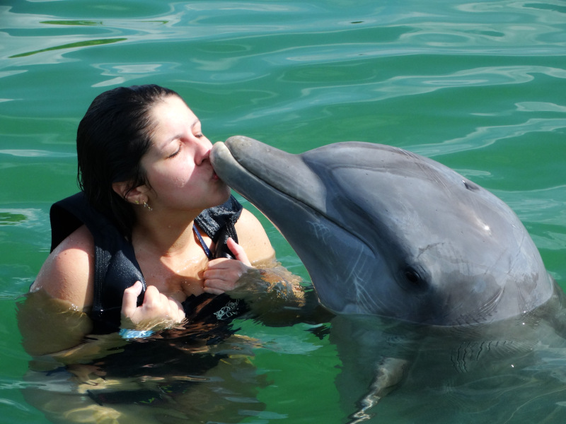 Chrys na água beijando um golfinho.